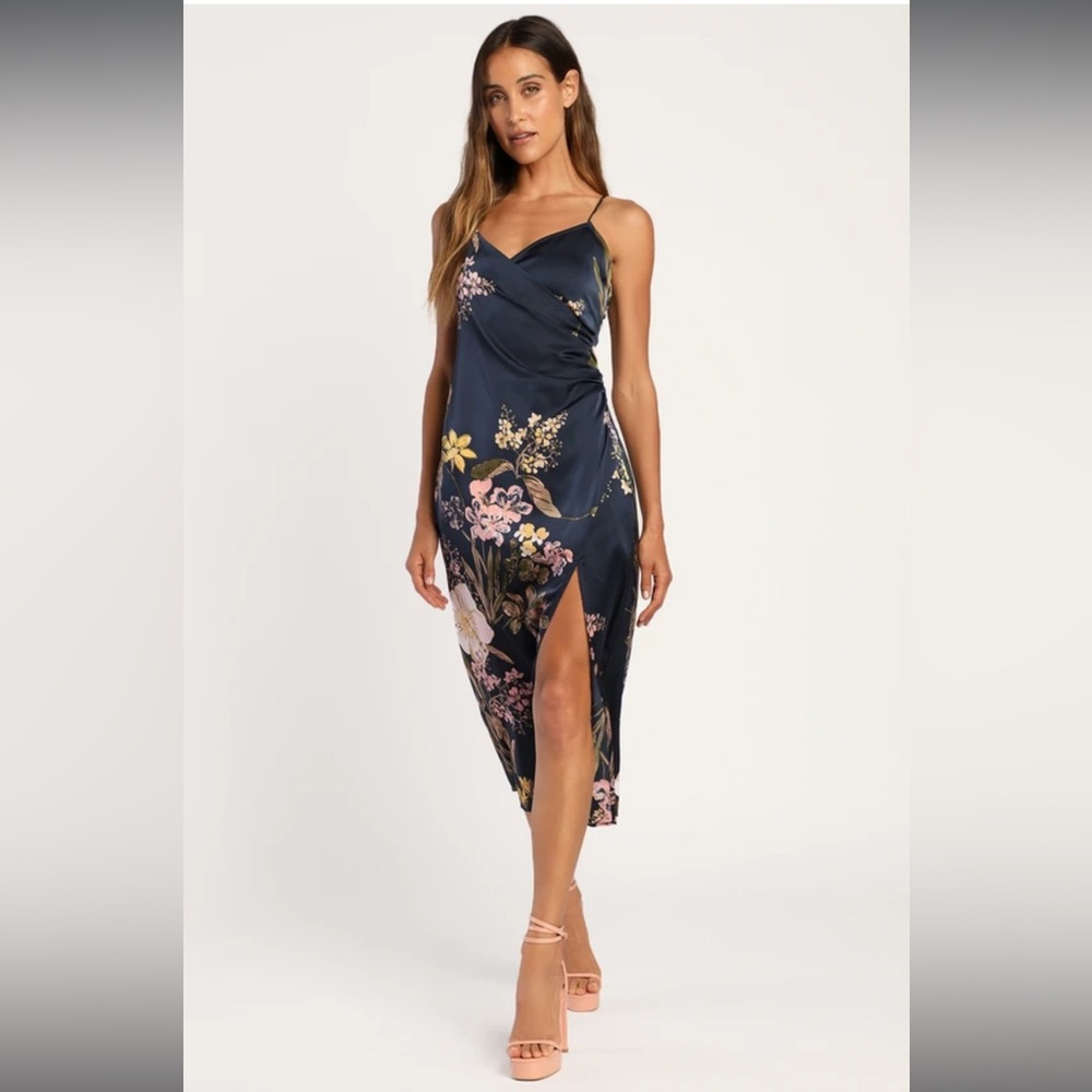 Remarkable Entrance Navy Blue Floral Print Satin Midi Dress